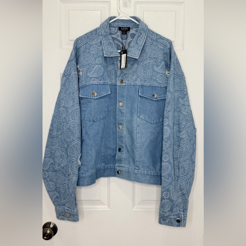 BoohooMan- Boxy Fit Paisley Spliced Denim Jacket MID BLUE-XL